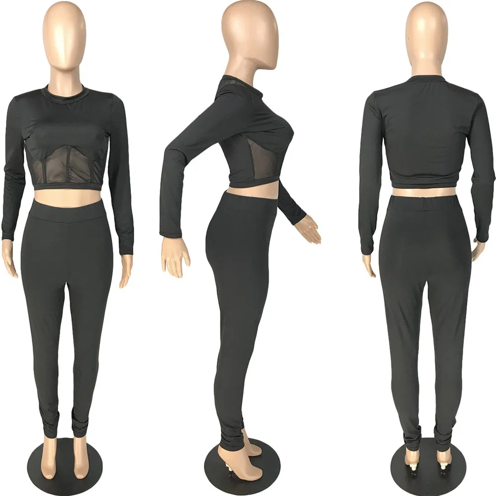 

RStylish Solid Color Mesh Splicing Long Sleeve Cropped Top Pencil Pants Joggers Suits Casual Two Piece Tracksuit Matching Sets