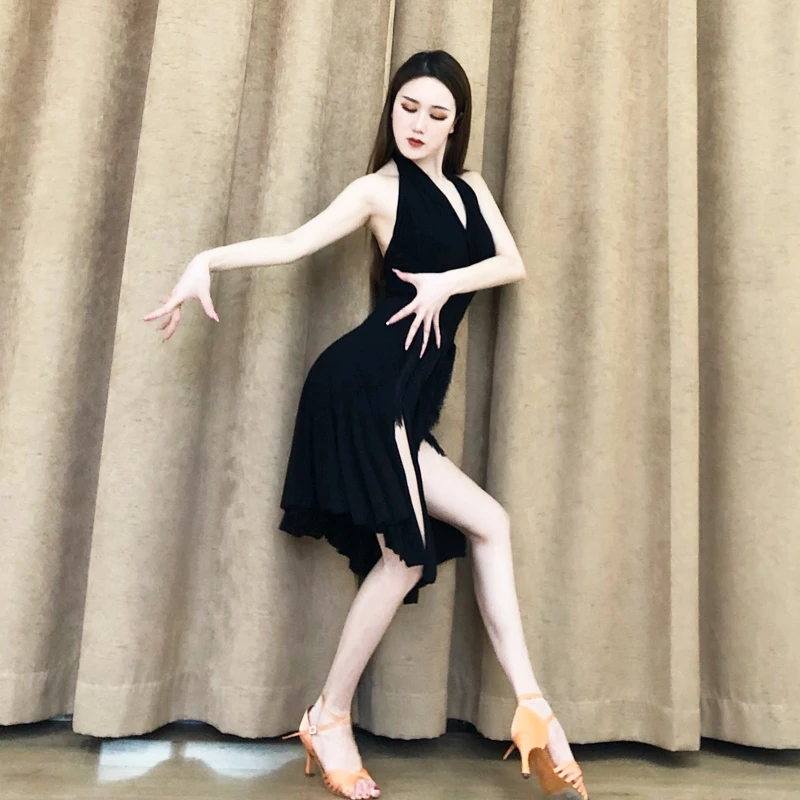 Женская юбка для латиноамериканских танцев черная танцевальная с бахромой и