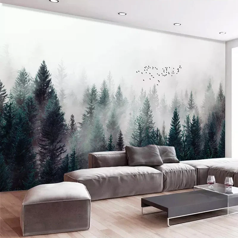 

New Design Texture Wallpaper Modern Misty Forest Clouds Flying Birds Mural Living Room TV Sofa Bedroom Home Decor Wall Paper 3 D