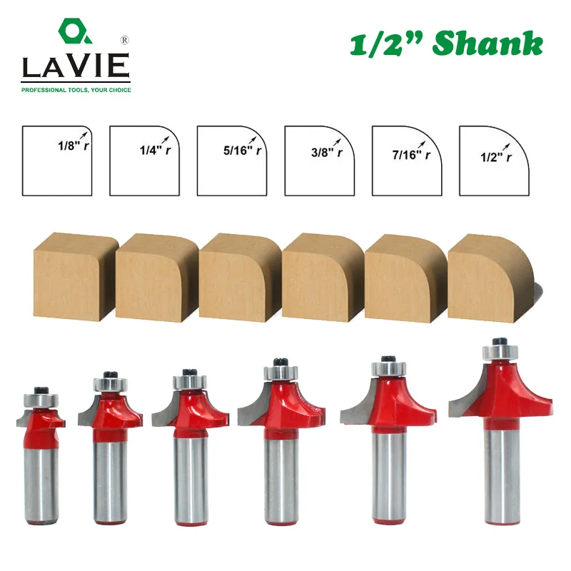 

LAVIE 6pcs 12mm 1/2" Shank Corner Round Over and Beading Edging Router Bit Set C3 Carbide Tipped Tenon Cutter for Wood MC03138