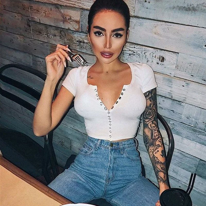 

Fashion Sexy Women Short Sleeve Crop Top Button Vest Halter Casual White Tank Tops Blouse Short Shirt