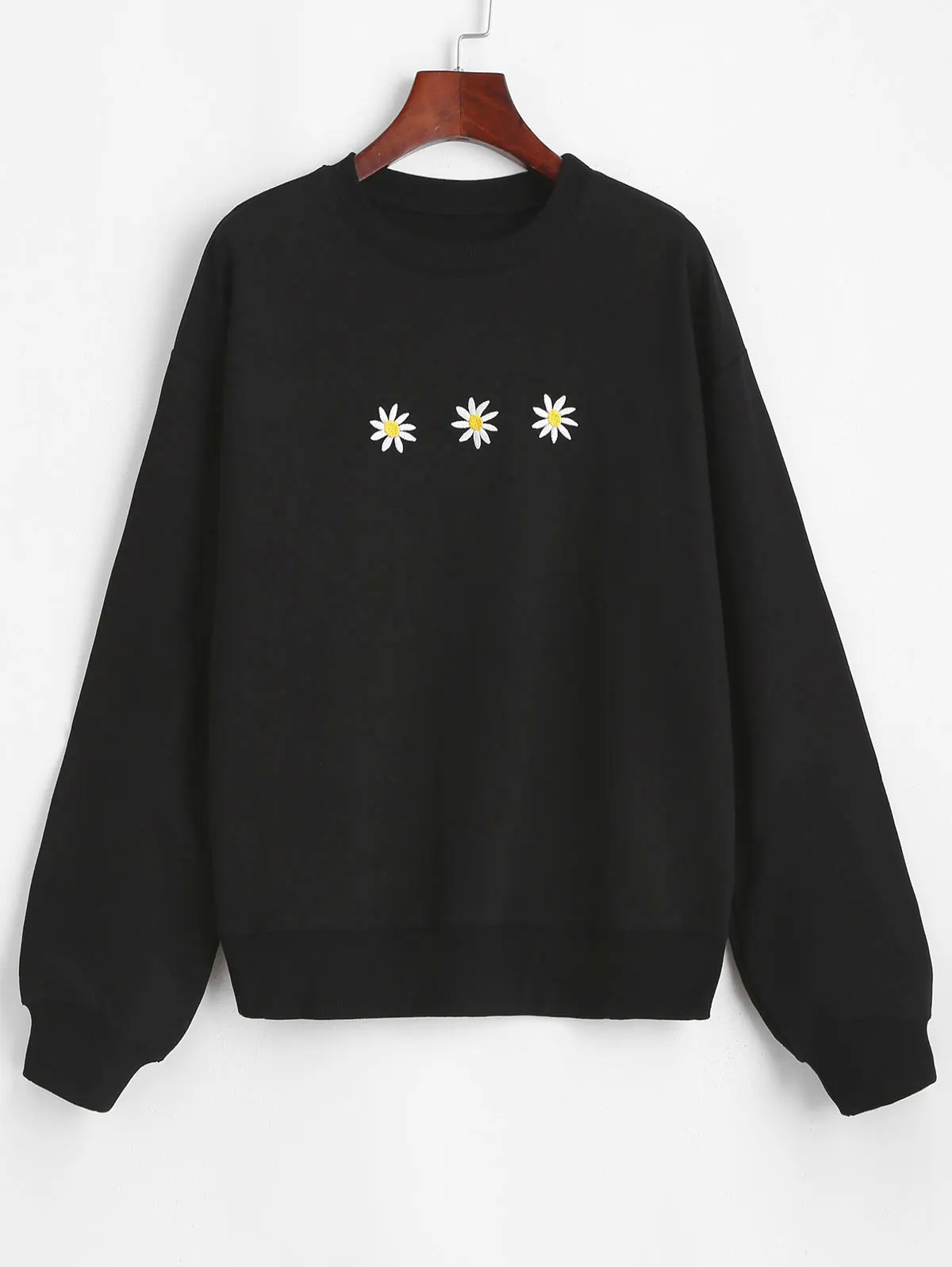 

ZAFUL Daisy Embroidered Women Sweatshirt Ribbed Trim Casual Loose Print Hoodies fashion Long Sleeve Ladies Pullover Tops Autumn
