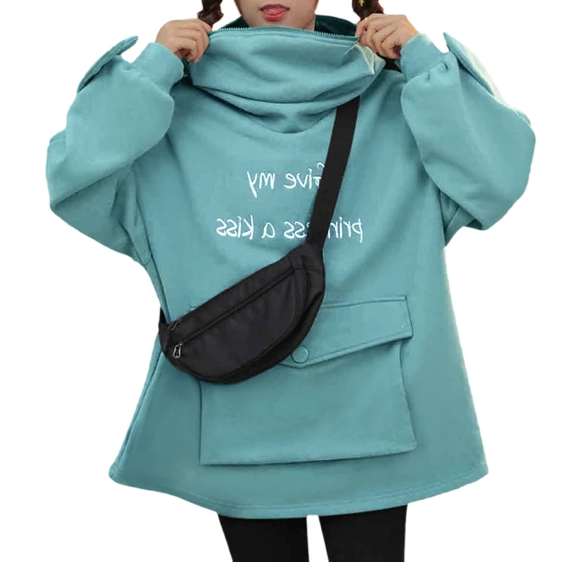

Women Long Sleeve Oversized Sweatshirt Cute Frog Hoodies Letters Embroidery Solid Color Pullover Tunic Tops with Pocket