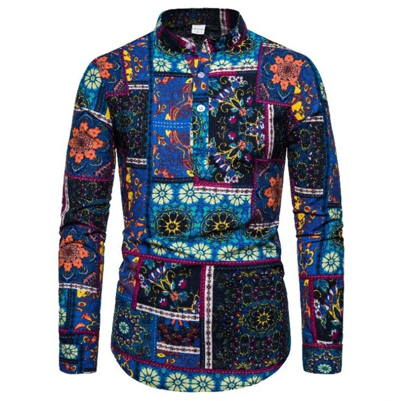 

Print Men Shirt Long Sleeve Vintage Ethnic Style High Street Beach Camisa Chic Breathable Hawaiian Men Brand Cotton Linen Shirts