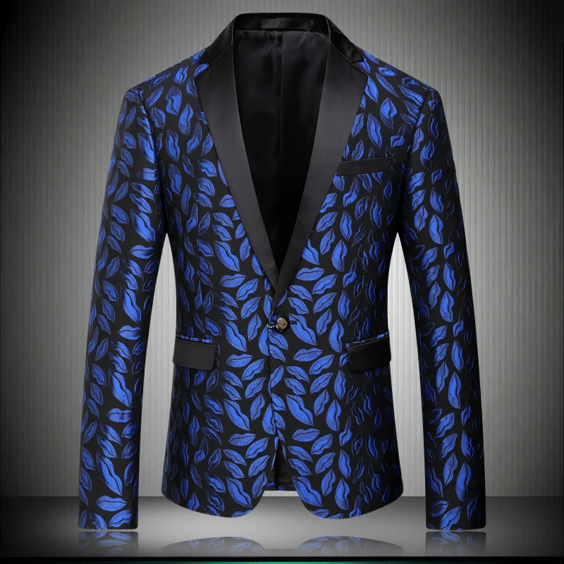 

Slim 2020 New Arrive Fit Men's Blazer Blue Smart Casual Suit Jacket Very Good Quality Lips Pattern Male Prom Blazers #8621