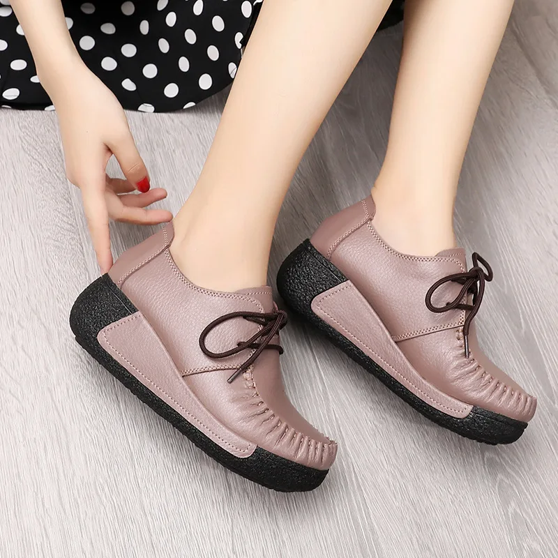 High Quality Genuine Leather Women Platform Sneakers Lace Up Flats Swing Shoes Shallow Ladies Casual Footwear Height Increasing | Обувь