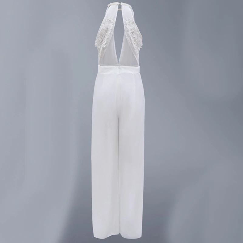 

Sexy Deep V-Neck Flared Pants One-Piece Halter Strapless Pocket Simple Women Jumpsuit S