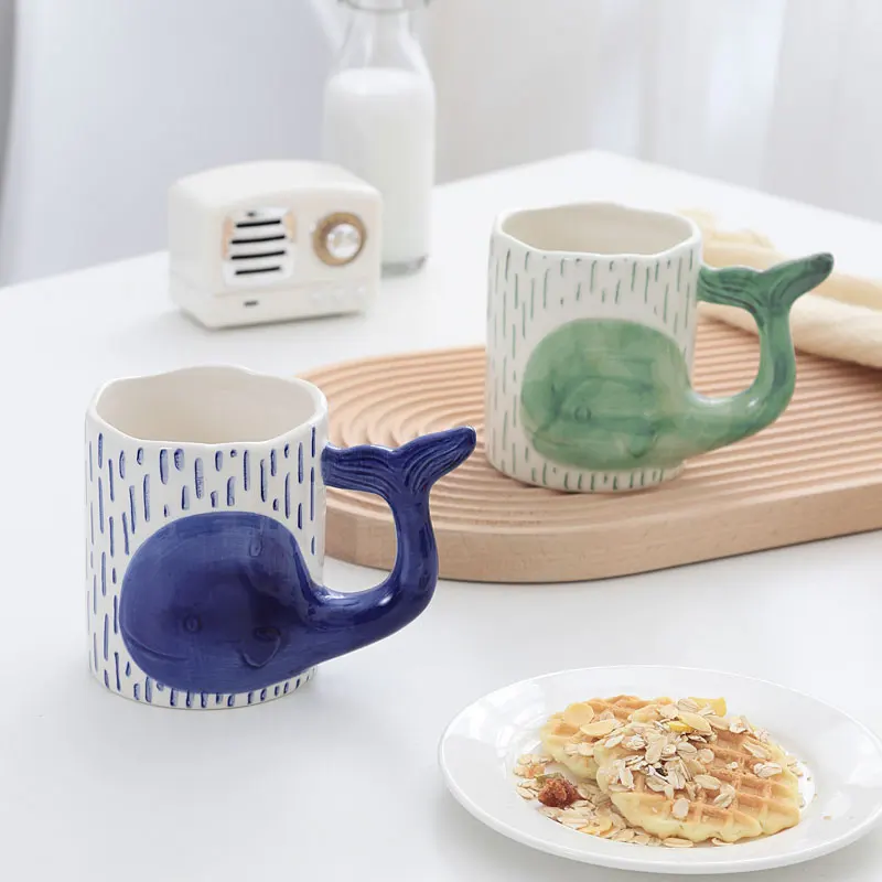 Милая ручная роспись кружки с дельфином зеленая синяя керамическая кружка