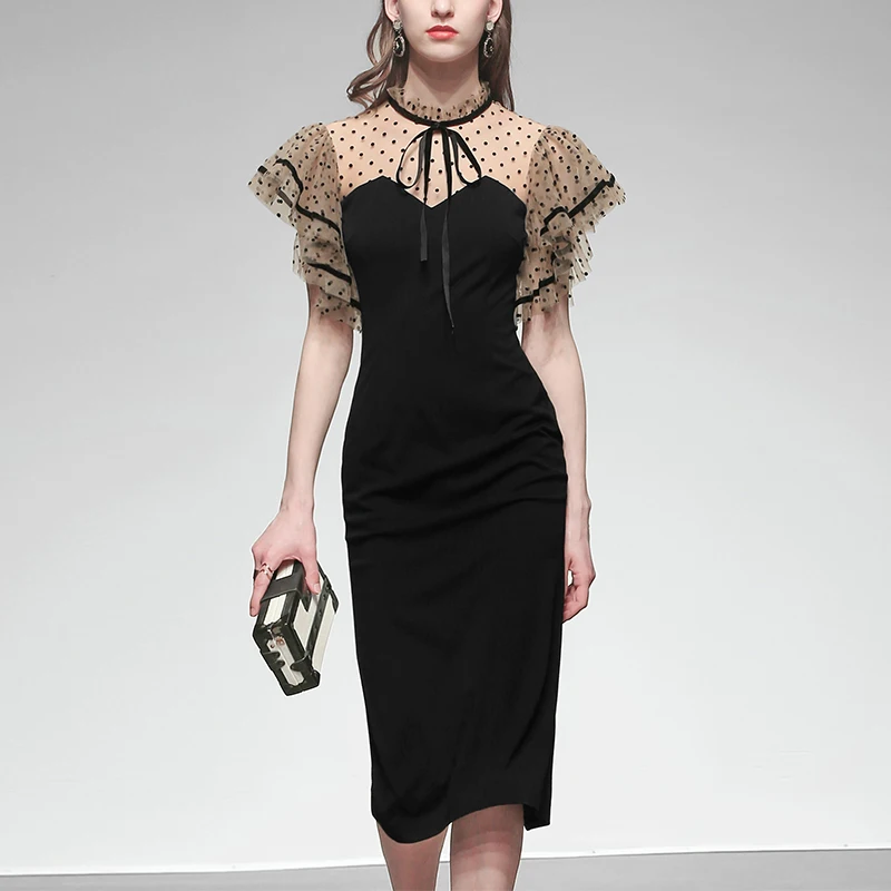 Женское Сетчатое платье модельное черное в горошек с коротким рукавом лето