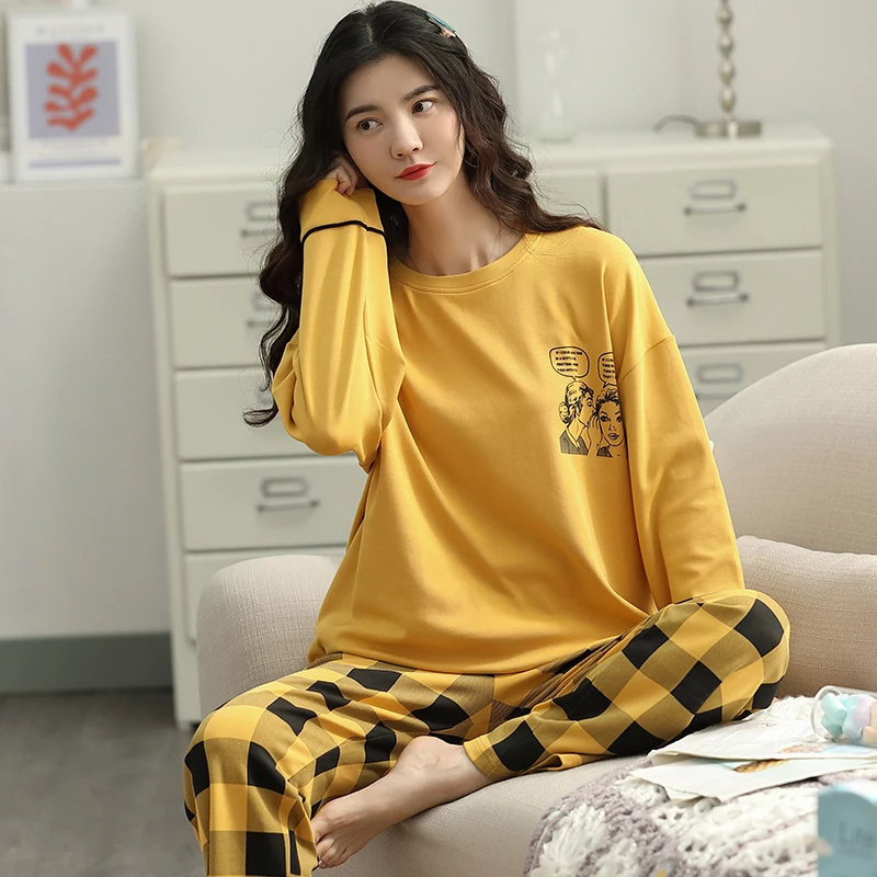 Newest M-2XL Long Sleeve Women Nightwear Sleepwear 100% Cotton Nightwear Sets Autumn Winter Full Pajamas Women Pyjamas