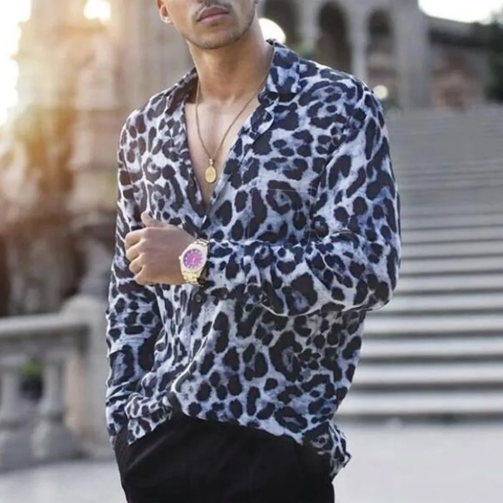2019 Мужская Повседневная модная рубашка с леопардовым принтом свободная длинным