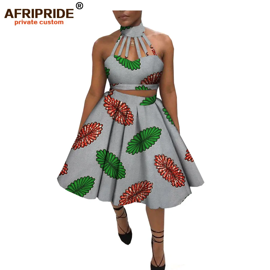 Летний комплект из 2 предметов, юбка для женщин, AFRIPRIDE, без рукавов, топ с чокером+ Расклешенная Юбка До Колена, Африканский принт, Женский комплект A1826031 - Цвет: 508J