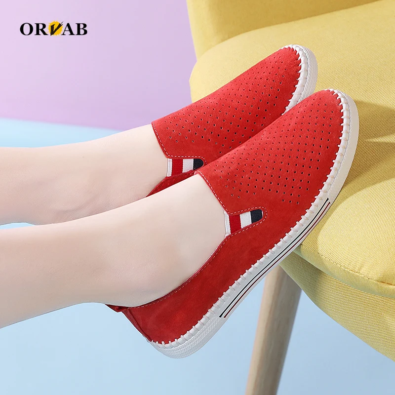 

Women Flat Slip on Genuine Leather red Shoes Woman Lightweight red Sneakers Summer Casual Chaussures Femme Basket Flats Shoes