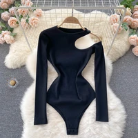 sexy hollow out one shoulder long sleeve bodysuit for women solid o neck slim fit body top casual spring autumn bodycon bodysuit