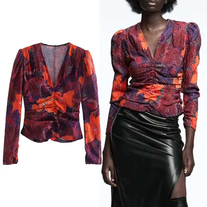

Za Women Shirt 2021 Fashion Flowers Printing Blouses Vintage Long Sleeve V-neck Pleated Casual Female Shirts Blusas Chic Tops
