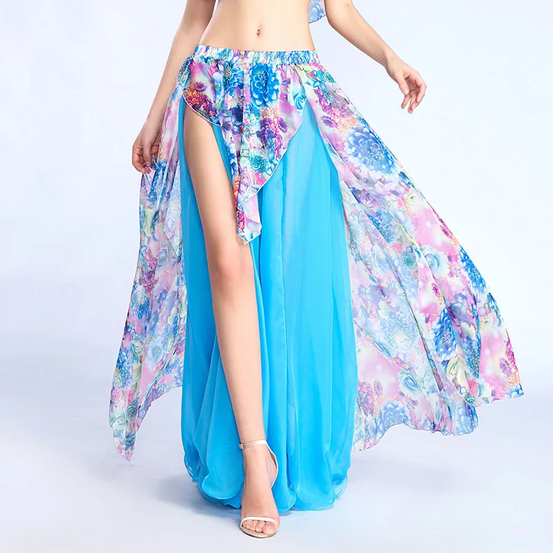 Женская шифоновая юбка для танца живота макси с цветочным принтом и разрезом