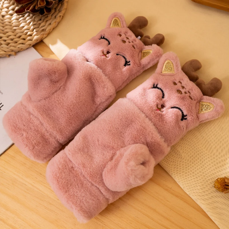 

Новые осенне-зимние женские раскладные перчатки, студенческие плюшевые милые теплые перчатки без пальцев с мультипликационным рисунком, б...