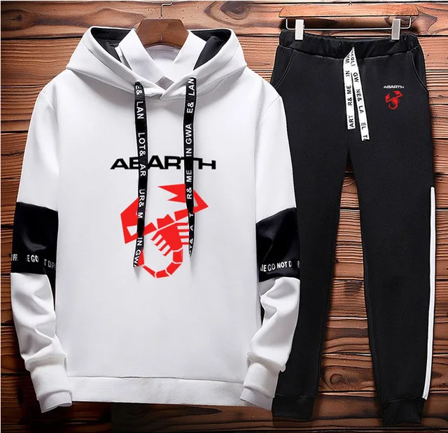 

Spring Autumn Mens Hoodies Sweatsuit Abarth Logo Printed Hoodies+Pants 2Pcs Sporting Suit Warm Thick Sportwear