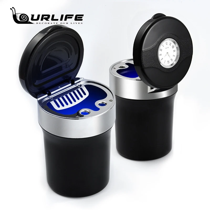 

High Quality Car LED Ashtray Cigarette Ash Holder With Clock For Subaru Hyundai Solaris KIA RIO Nissan Toyota Lexus Infiniti