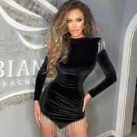 sexy black long sleeve o neck fringed bodycon mini dress 2021 new winter womens velvet elegant club party dress vestidos