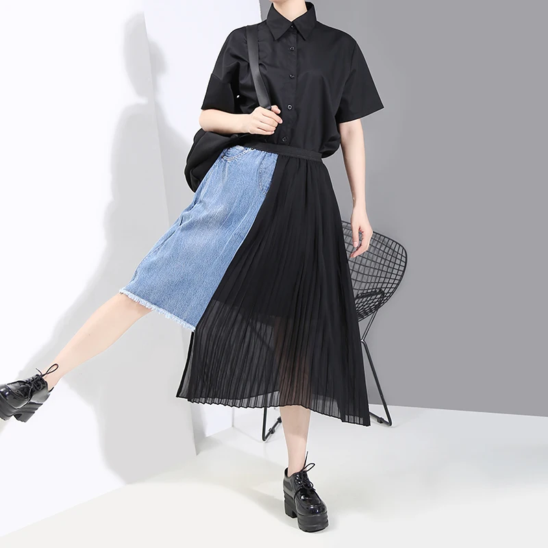 Женская джинсовая юбка составного кроя Повседневная плиссированная шифоновая с