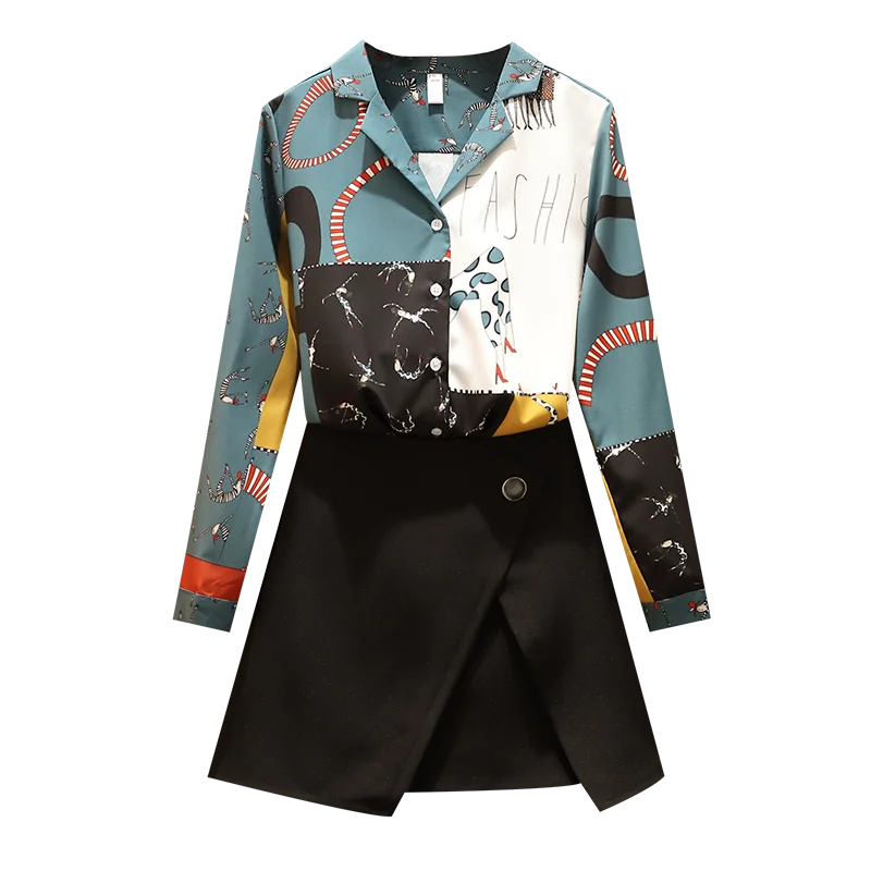 

fall big yards Korean fashion printed shirt black irregular skirt two pcs clothing set leisure suits outfit top vestido vogue