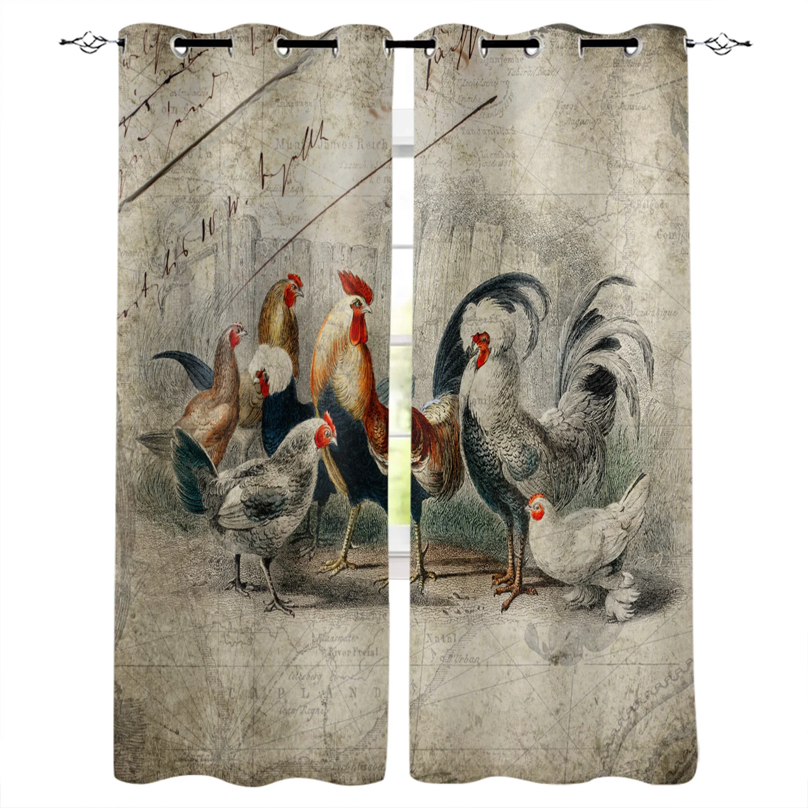 

Farm Rooster Chicken Retro Illustration Curtains For Living Room Bedroom Window Treatment Blinds Finished Drapes Kitchen Curtain