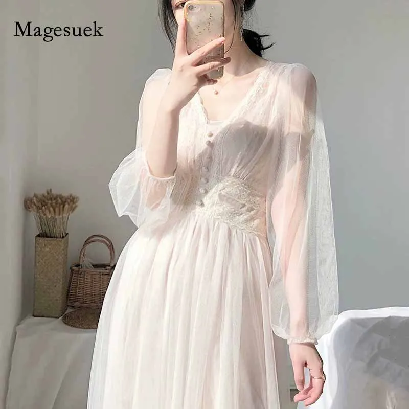 

Elegant Fashion Lace Mesh A-Line Button White Dress Women V-Neck High Waist 2021 Spring Puff Sleeve Dresses Vestidos 8126 50