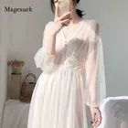 Элегантное модное кружевное Сетчатое платье-трапеция на пуговицах, Белое Женское Платье с V-образным вырезом и высокой талией, модель 2021 года, весенние модели 8126, 50