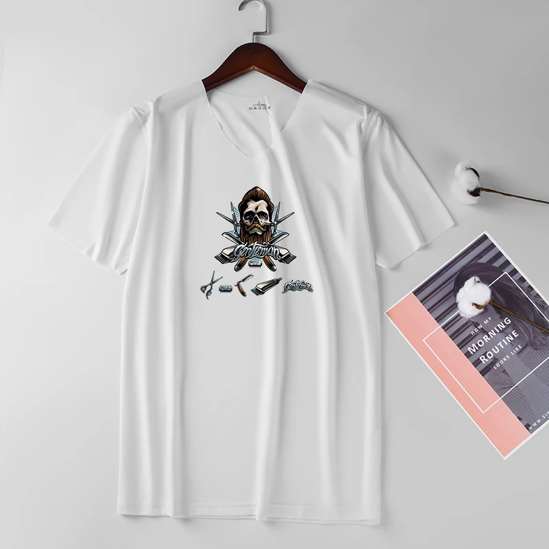 

T-shirt For Men Tee Tops Ice Short Sleeve V Collared Tshirt Hip Hop Mr. Haircut Print Male T Shirt Hipster Men Clothes