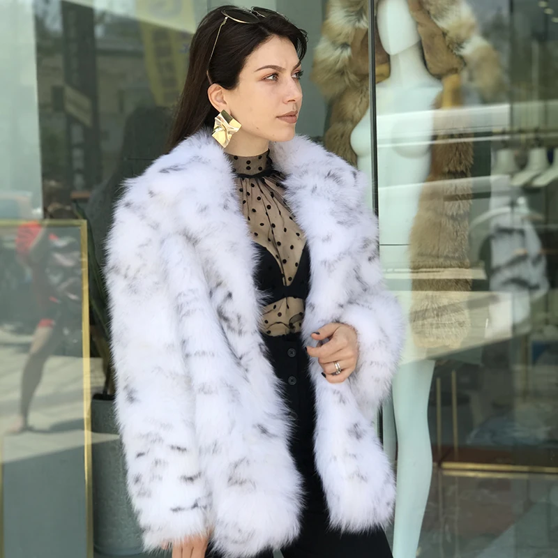 EIFURKOP Sexy Fashion Leopard Pattern Real Fox Fur Coat with big Collar Women Natural Fox Fur Jacket Long Sleeves WarmFur Coats