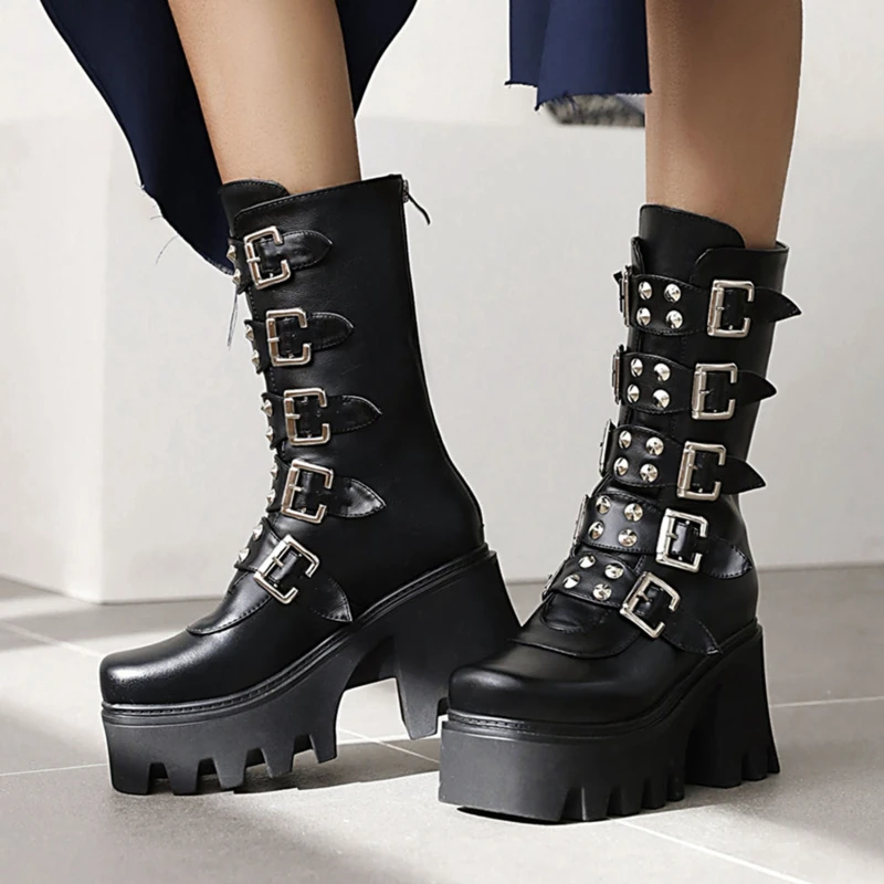 

New Autumn And Winter Boots Women's High-heel Motorcycle Boots Thick-soled Mid-tube Women Boots Punk-style Mid-tube Boots