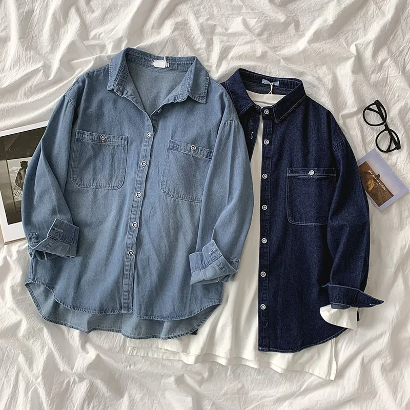 

Женская ВИНТАЖНАЯ ДЖИНСОВАЯ РУБАШКА, универсальная Свободная верхняя одежда с отложным воротником и карманами, лето 2021