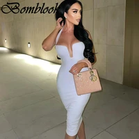 bomblook sexy party club bodycon summer womens dress 2021 clothing solid halter backless slim midi dress female streetwears
