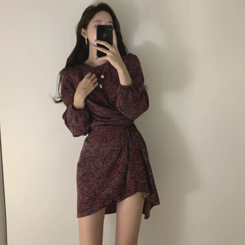 

New 2020 Women Summer Dresses Casual High Waist Dot Vintage Fashionable Pleated Irregular Sashes Mini Dress