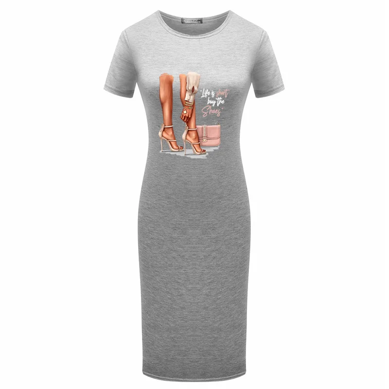 

Fashion High Heels Print Ladies Dresses Short Sleeve o Neck Casual Bodycon Sexy Dress Elegant Party Package Hip Pencil Vestido