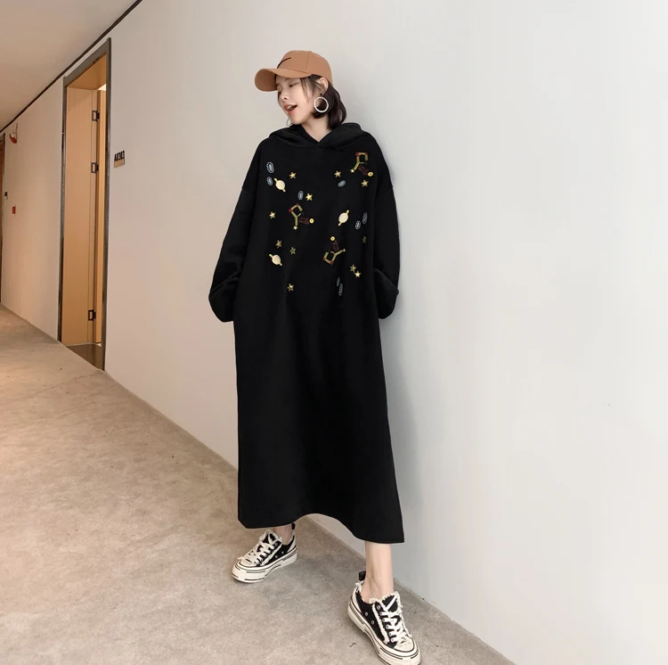 Black Starry Sky Embroidery Hooded Dresses Women Long Sleeve Casual Loose Dress Autumn Winter Warm Side Split Midi Dress