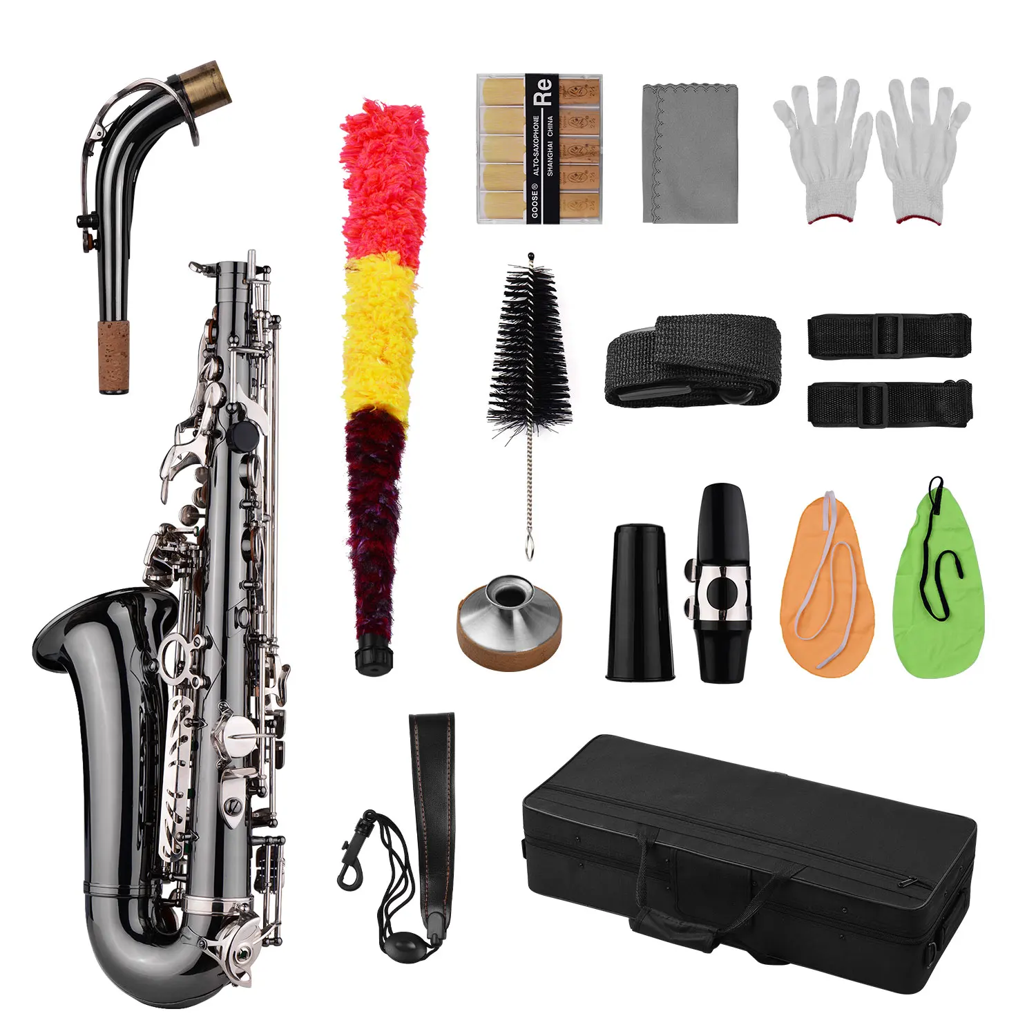 

Muslady Professional Brass Bend Eb E-flat Alto Saxophone Sax Black Nickel Plating Abalone Shell Keys with Carrying Case Gloves