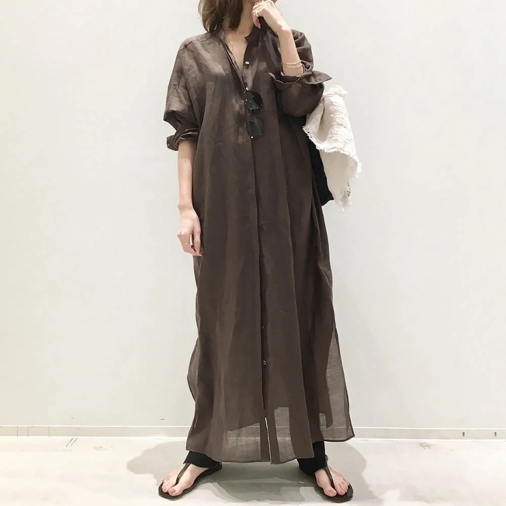 

Women Dress 3/4 Sleeve Maxi Length Ladies Fashion Mid Waist A Line Dresses Shirt Style Single Breasted Loose Coffee Color Female