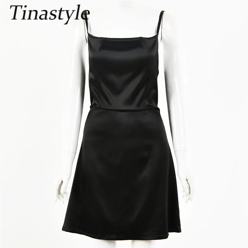 

Tinastyle Spaghetti Strap Backless Sexy Party Dress For Women Short Bodycon Mini Dresses 2021 Satin Summer Club Dress Vestidos