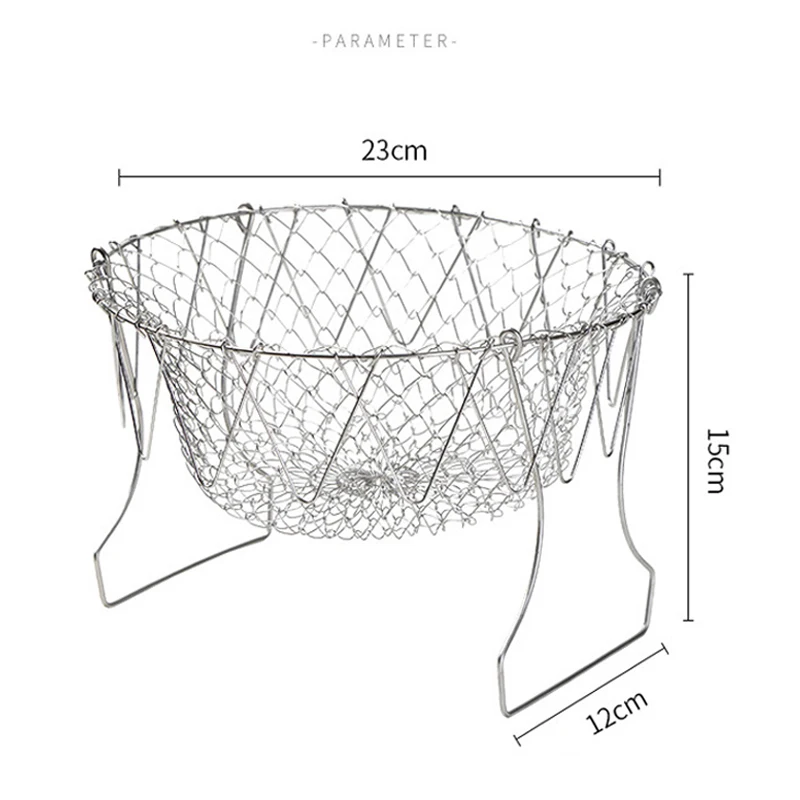 

304 Stainless Steel Strainer Kitchen Wash Vegetable Fry Net Basket Multifunctional Collapsible Cooking Frying Draining Strain