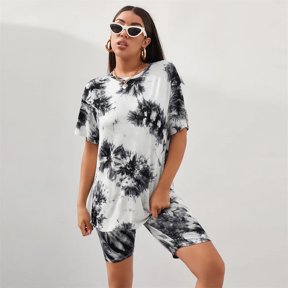 

Women Two Piece Sports Set Tie-dyed Loose Top T Shirt Slim Shorts Tracksuit Active Gym Loungewear Suits Women Casual Outfits