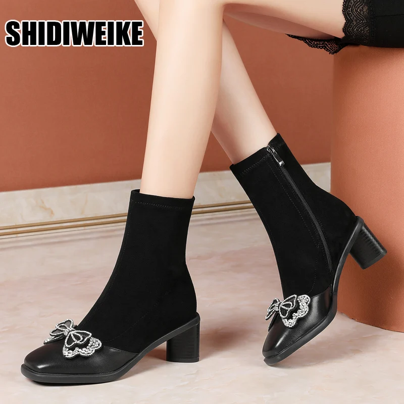 

Sweet Bow Ankle Boots Women Suede Square High Heel Stretch Boots Slip On bow Fashion Pointed Toe Autumn Winter Ladies Shoes