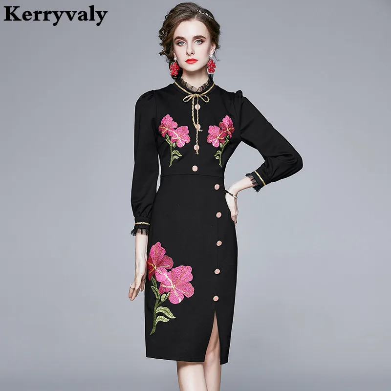 

Women Mesh Ruffle Embroidery Flower Hip Split Bodycon Dress Zomerjurk Dames 2021 Autumn Button Goth Party Dress Robe Pull K6669