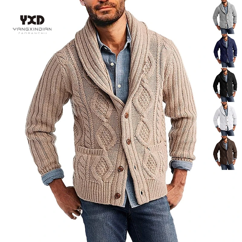 

Men's Clothes Mans Autum Winter Casual Long Sleeved Solid Color Sweaters For Men Khaki Stripes Lapel 3D Jacquard Cardigan Male