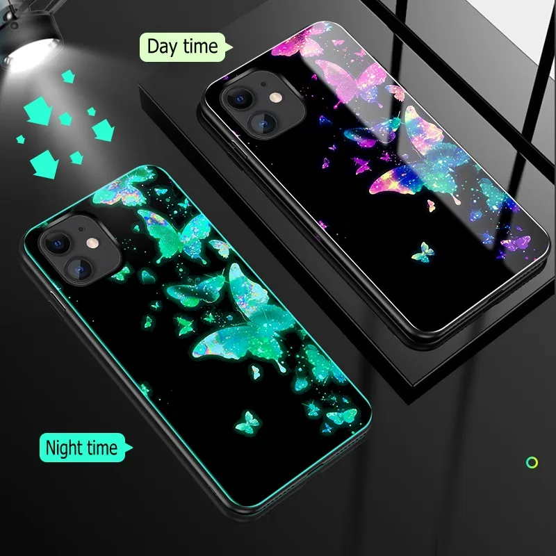 Butterfly Чехол из закаленного стекла для Iphone 11 Pro XS Max XR X Чехол светящийся противоударный мультяшный чехол для Iphone 11 8 7 Plus 6 6s Plus чехол - Цвет: Butterfly