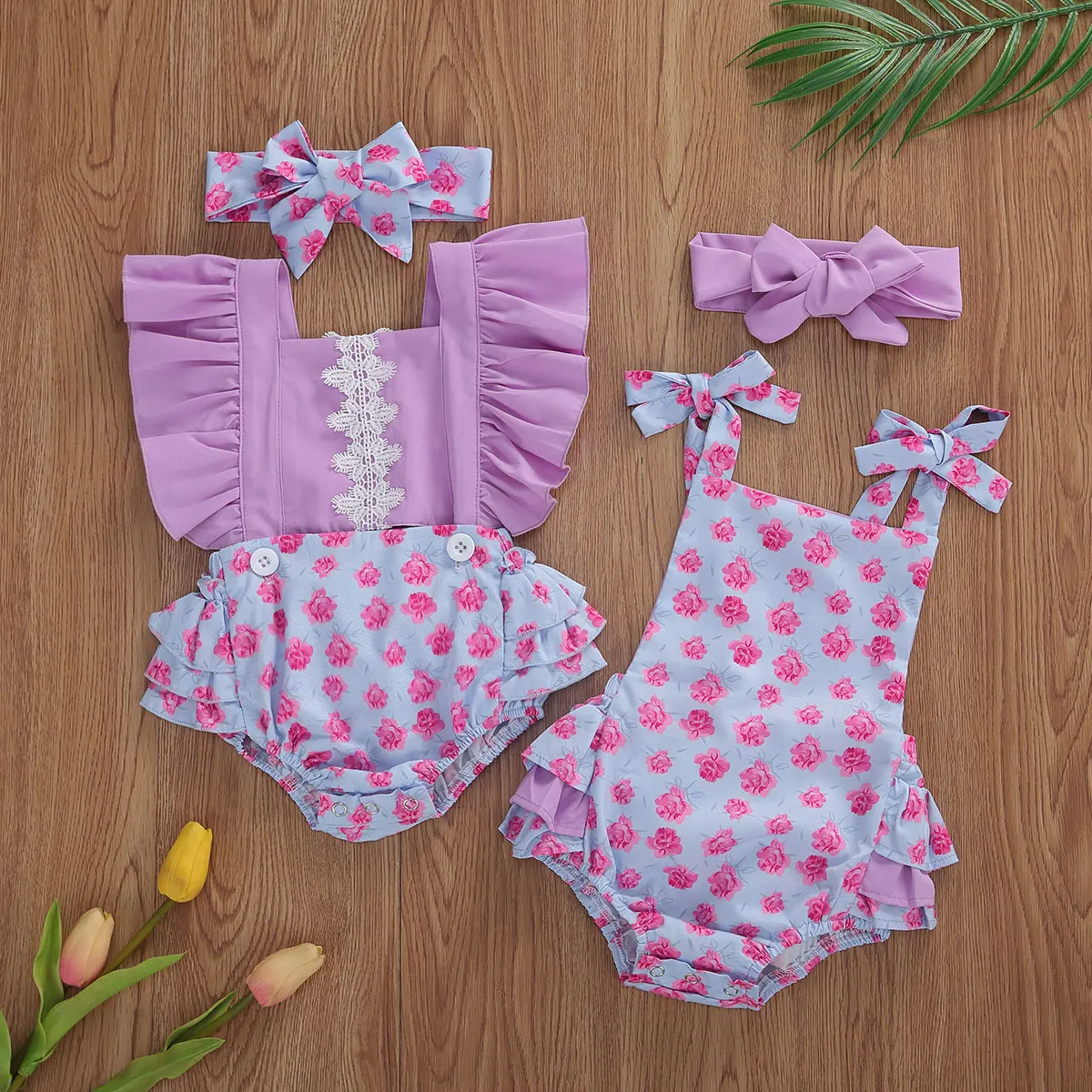 

New 2Pcs Summer Newborn Kid Baby Girl Clothes Ruffle Romper Bodysuit Skirt Dress Headband Floral Outfit Set
