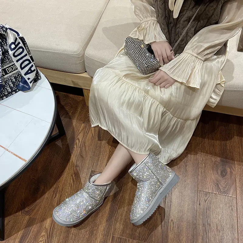 

Web celebrity rhine-diamond boots women's fur one 2020 new winter velvet thickened cotton shoes women's winter