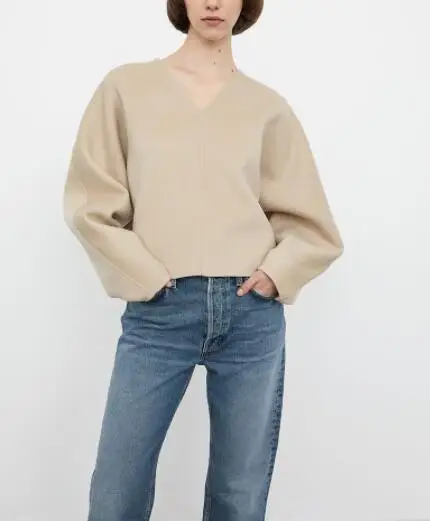 Женский кашемировый шерстяной свитер кремовый джемпер с V-образным вырезом
