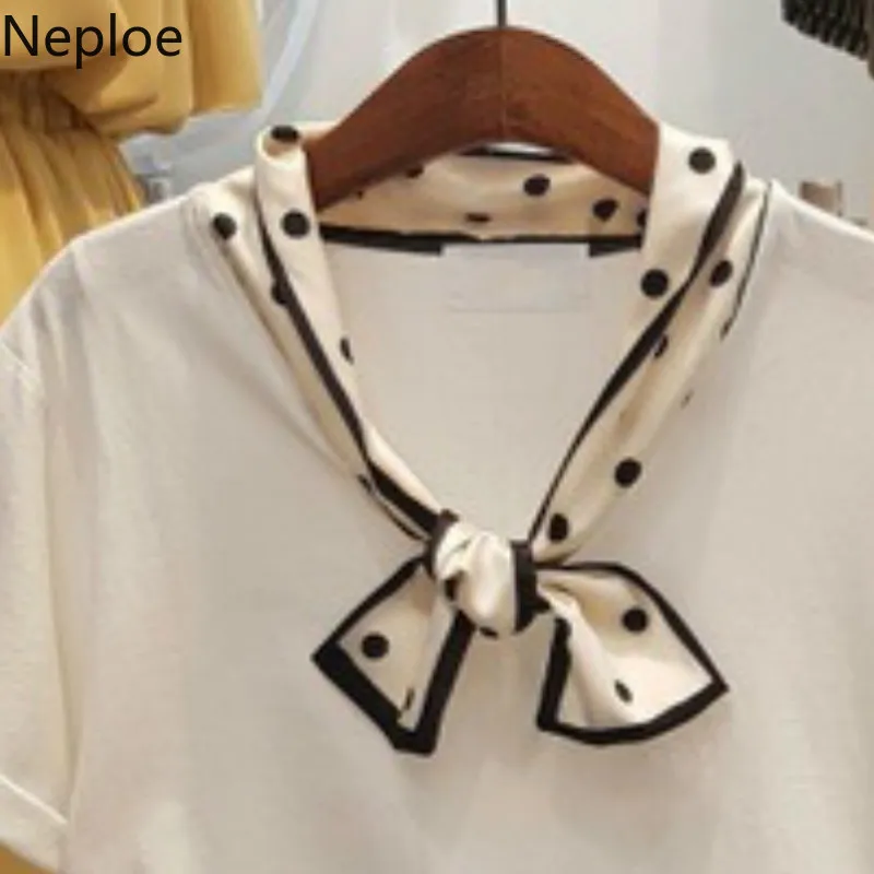 Neploe футболка в горошек с бантом на воротнике Женская Повседневная Однотонная